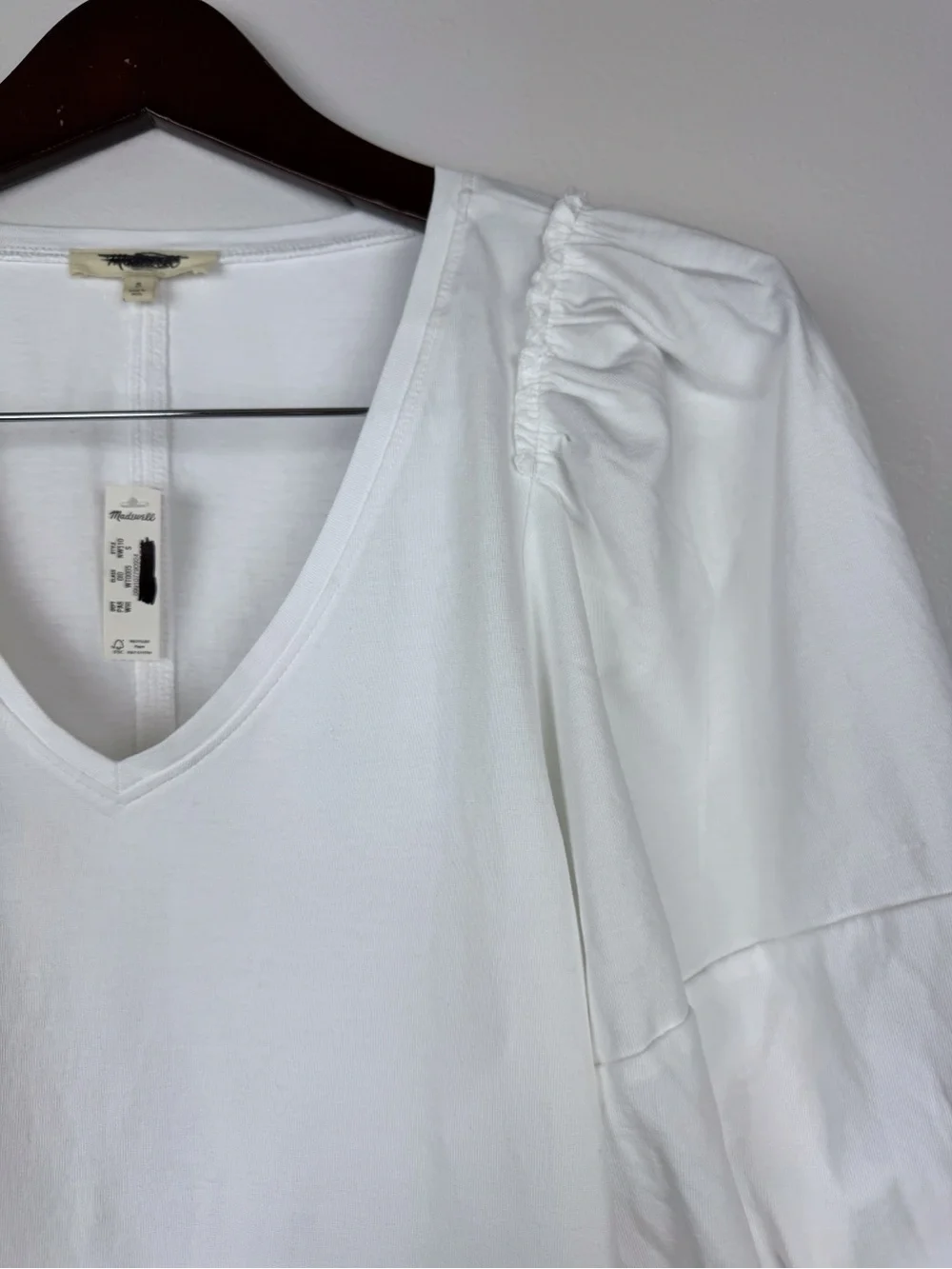 Madewell Puff Sleeve Relaxed Fit Cotton Jersey V-Neck Tee White Size S NWT